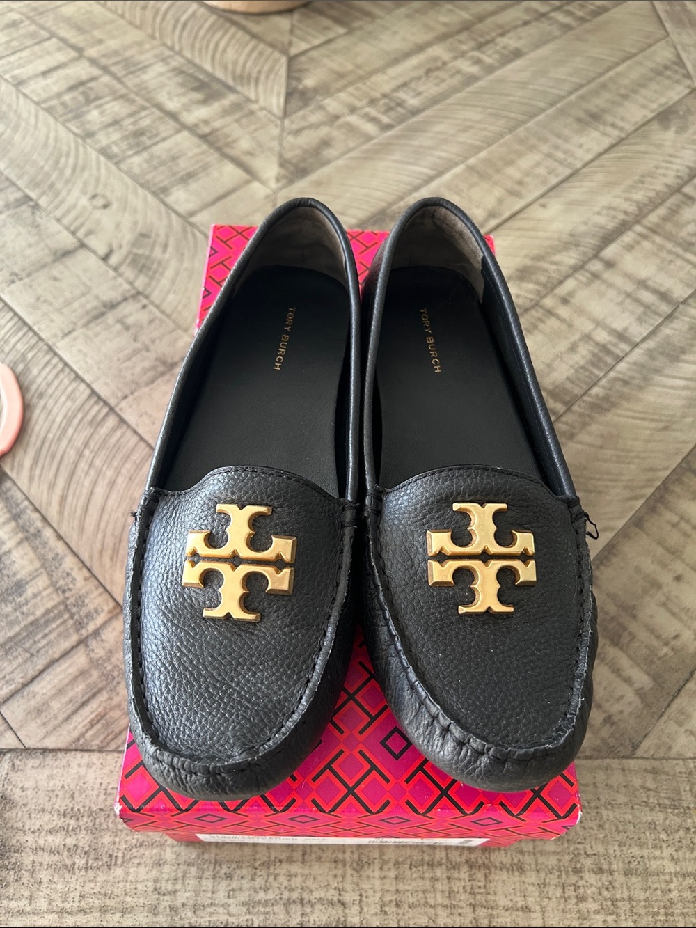 Tory Burch Everly Driver Black Leather Loafers with Gold Logo